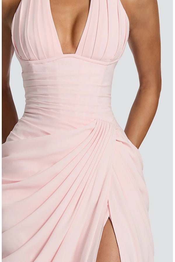 Minette Halter Back Lace-up Asymmetrical Pleats Slit Maxi Dress