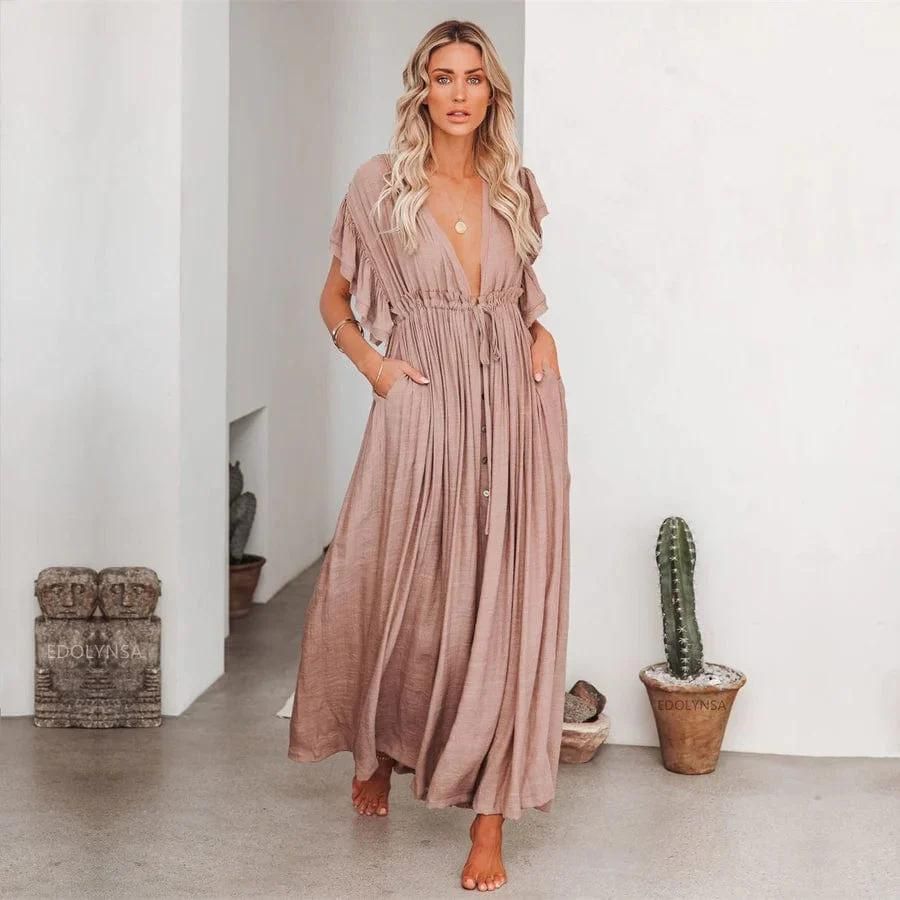 Alina Minimalist Taupe Maxi Boho Dress Chic Silhouette Collection