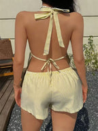 Backless Striped Plaid Two-piece Women's Suit