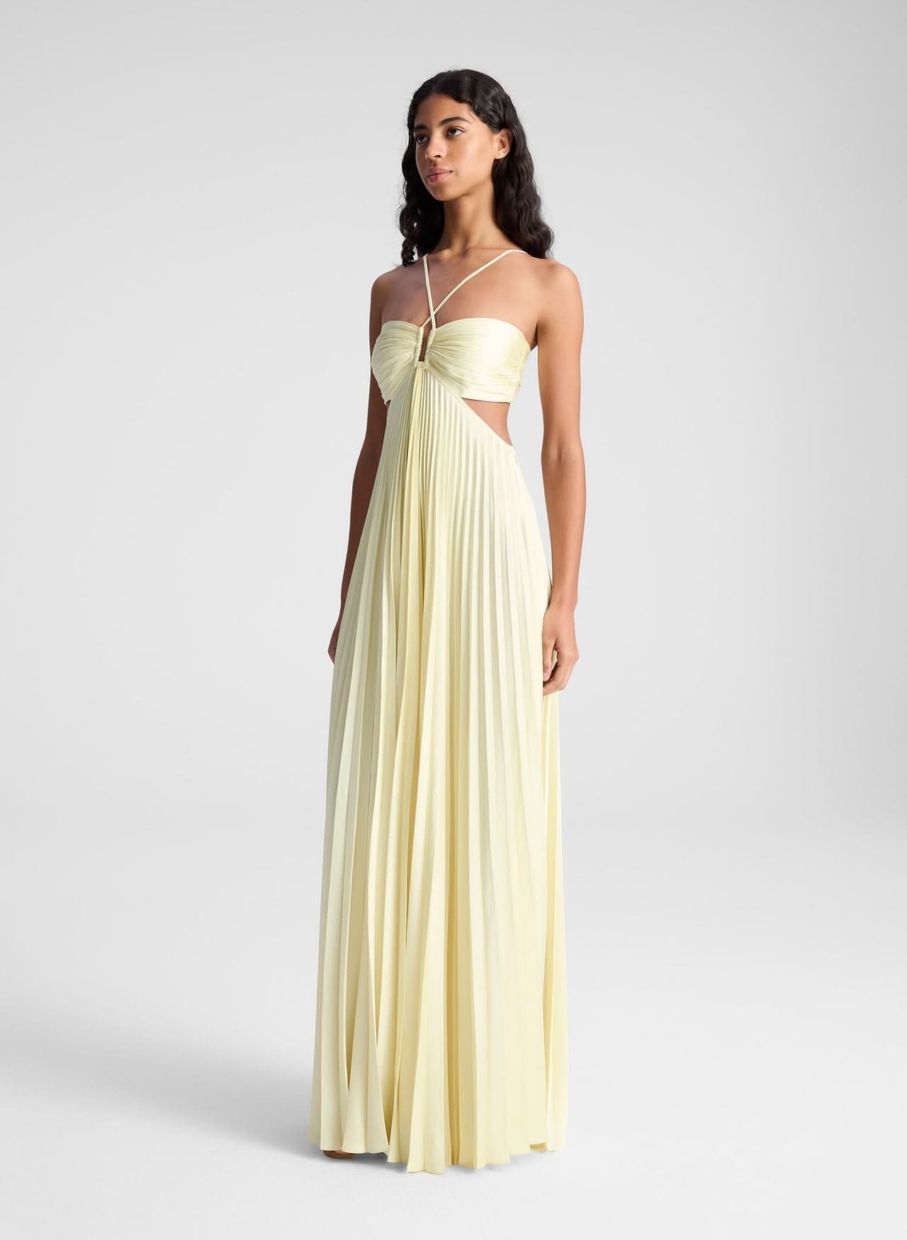 Halter Neck Sunray Pleated Side Cutout Maxi Dress