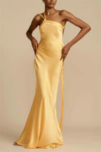 Satin One Shoulder Asymmetrical Open Back Maxi Gown