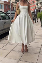 Square Neck Tank Strap Full Box Pleated Fit and Flare Midi Dress