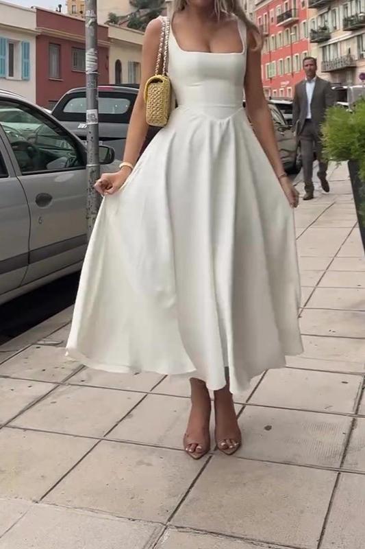 Square Neck Tank Strap Full Box Pleated Fit and Flare Midi Dress