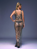 Magdalena Mesh Rhinestone Maxi Dress In Black