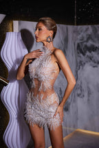 Beaded Sunburst Tulle Halter Crop Top and Mini Skirt Two Piece Set