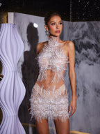 Beaded Sunburst Tulle Halter Crop Top and Mini Skirt Two Piece Set