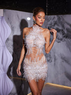 Beaded Sunburst Tulle Halter Crop Top and Mini Skirt Two Piece Set