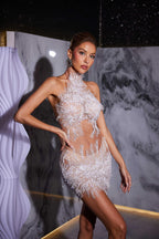 Beaded Sunburst Tulle Halter Crop Top and Mini Skirt Two Piece Set