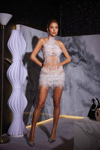 Beaded Sunburst Tulle Halter Crop Top and Mini Skirt Two Piece Set