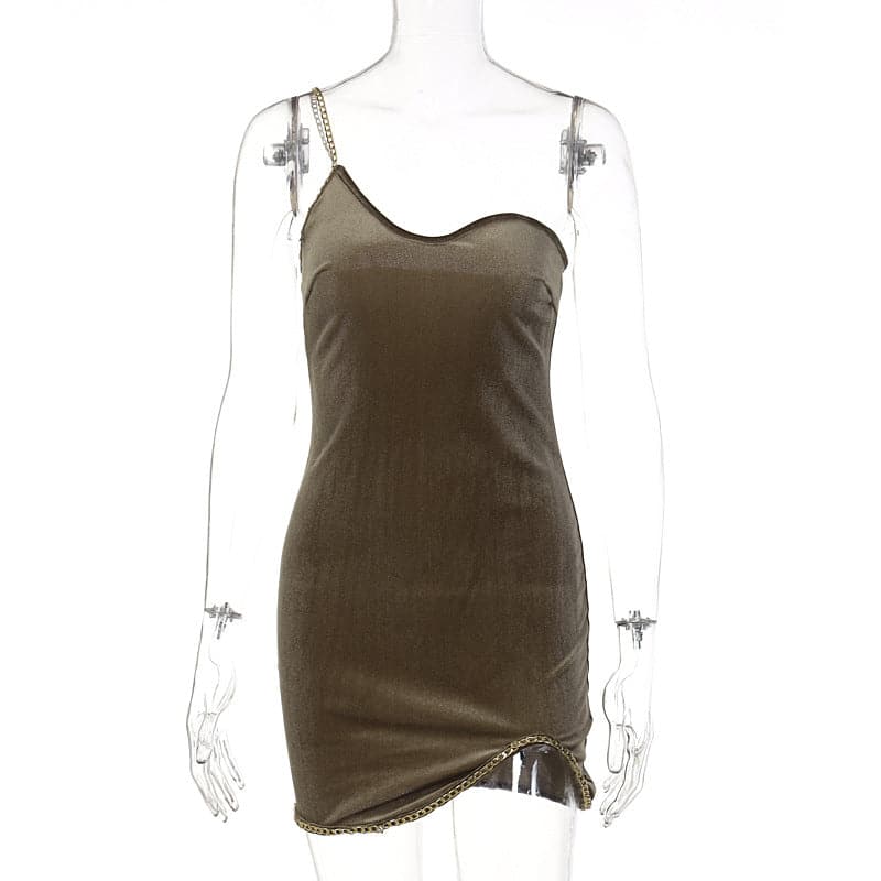 One-Shoulder Chain Strap Velvet Chain Trim Side Slit Mini Dress