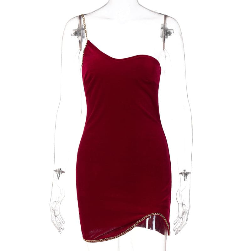 One-Shoulder Chain Strap Velvet Chain Trim Side Slit Mini Dress