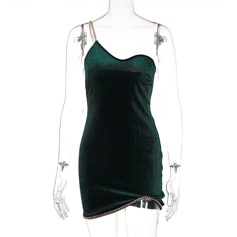 One-Shoulder Chain Strap Velvet Chain Trim Side Slit Mini Dress