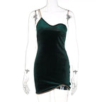 One-Shoulder Chain Strap Velvet Chain Trim Side Slit Mini Dress