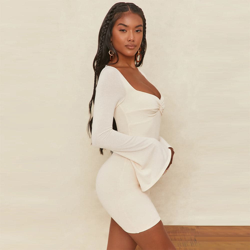 Twist Front Bell Cuff Rib Knit Bodycon Mini Dress