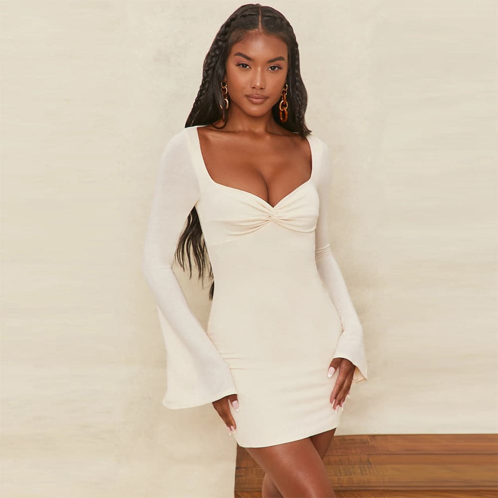 Twist Front Bell Cuff Rib Knit Bodycon Mini Dress
