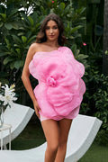 One Shoulder Oversized 3D Floral Applique Bodycon Mini Dress