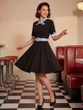 Vintage Dress 1950s Yellow Two-Tone Bows Short Sleeves Embellished Collar Medium Swing Dress