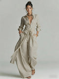 Linen Cotton 2 Piece Set For Women - Elegant Long Sleeves Belted Shirt And Wide Leg Pants - Summer Resort Style 2026