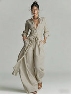 Linen Cotton 2 Piece Set For Women - Elegant Long Sleeves Belted Shirt And Wide Leg Pants - Summer Resort Style 2026