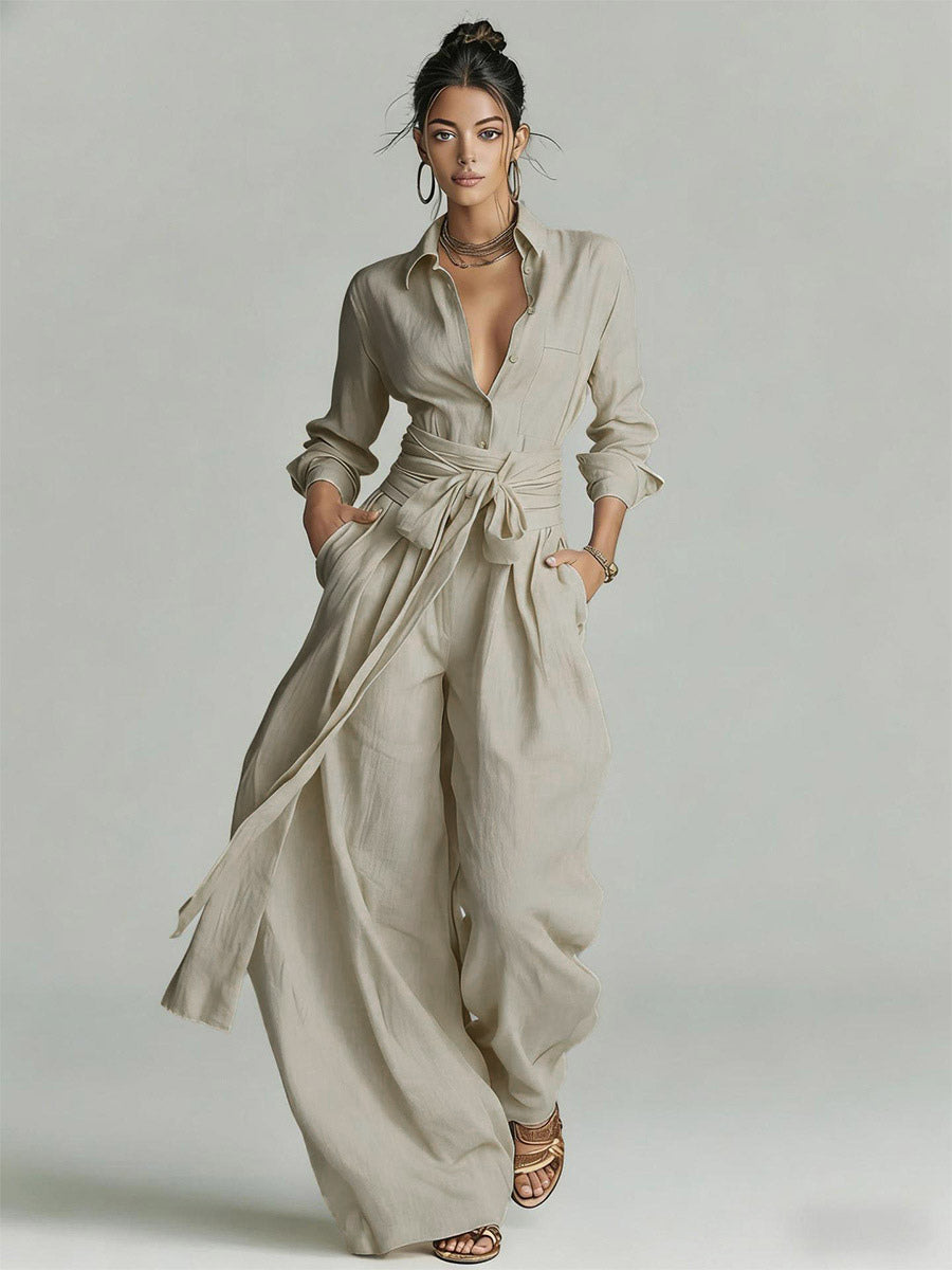 Linen Cotton 2 Piece Set For Women - Elegant Long Sleeves Belted Shirt And Wide Leg Pants - Summer Resort Style 2026