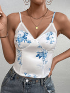 Mesh Patchwork Floral Print Boning Cami Top