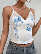 Mesh Patchwork Floral Print Boning Cami Top