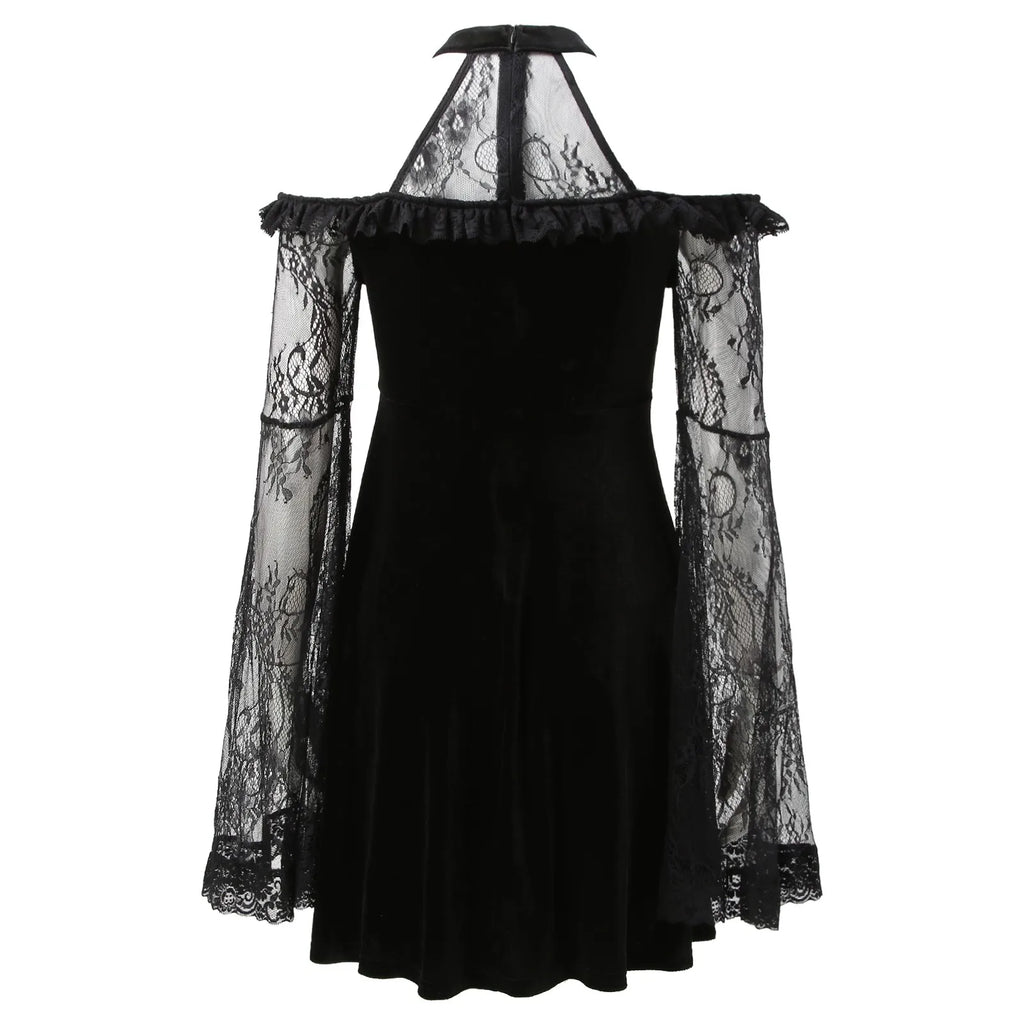 Velvet Lace Panel Halter Neck Cold Shoulder Bell Sleeve Mini Dress