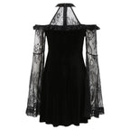 Velvet Lace Panel Halter Neck Cold Shoulder Bell Sleeve Mini Dress