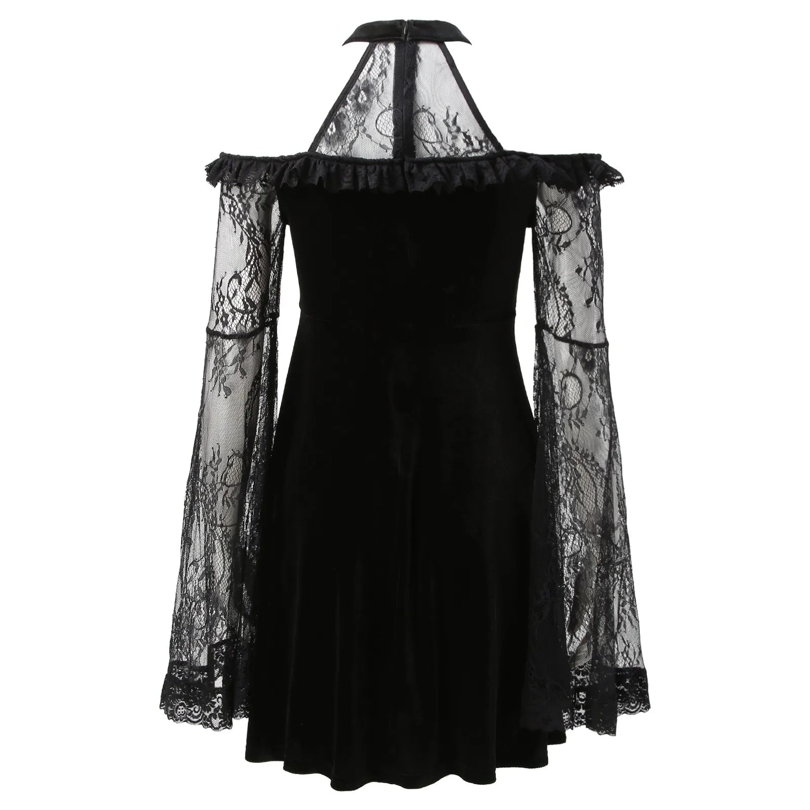 Velvet Lace Panel Halter Neck Cold Shoulder Bell Sleeve Mini Dress