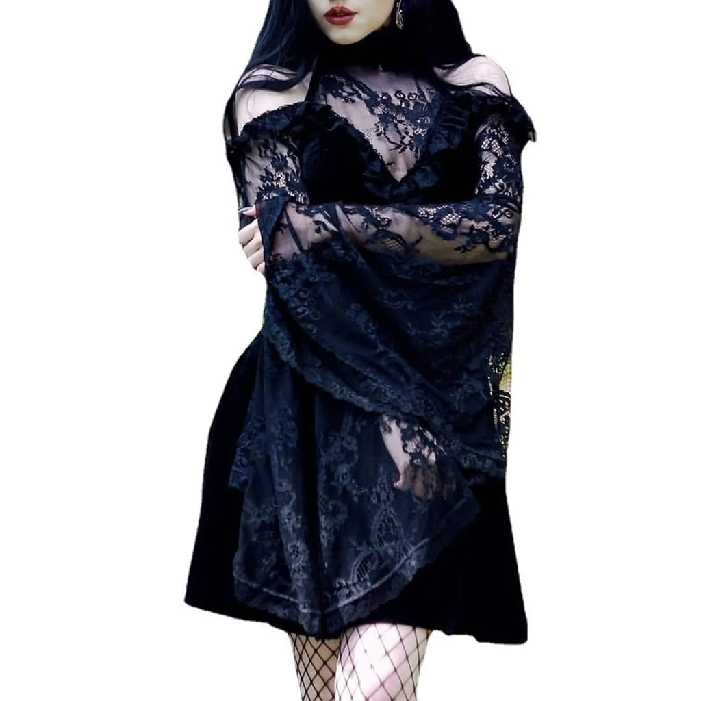 Velvet Lace Panel Halter Neck Cold Shoulder Bell Sleeve Mini Dress