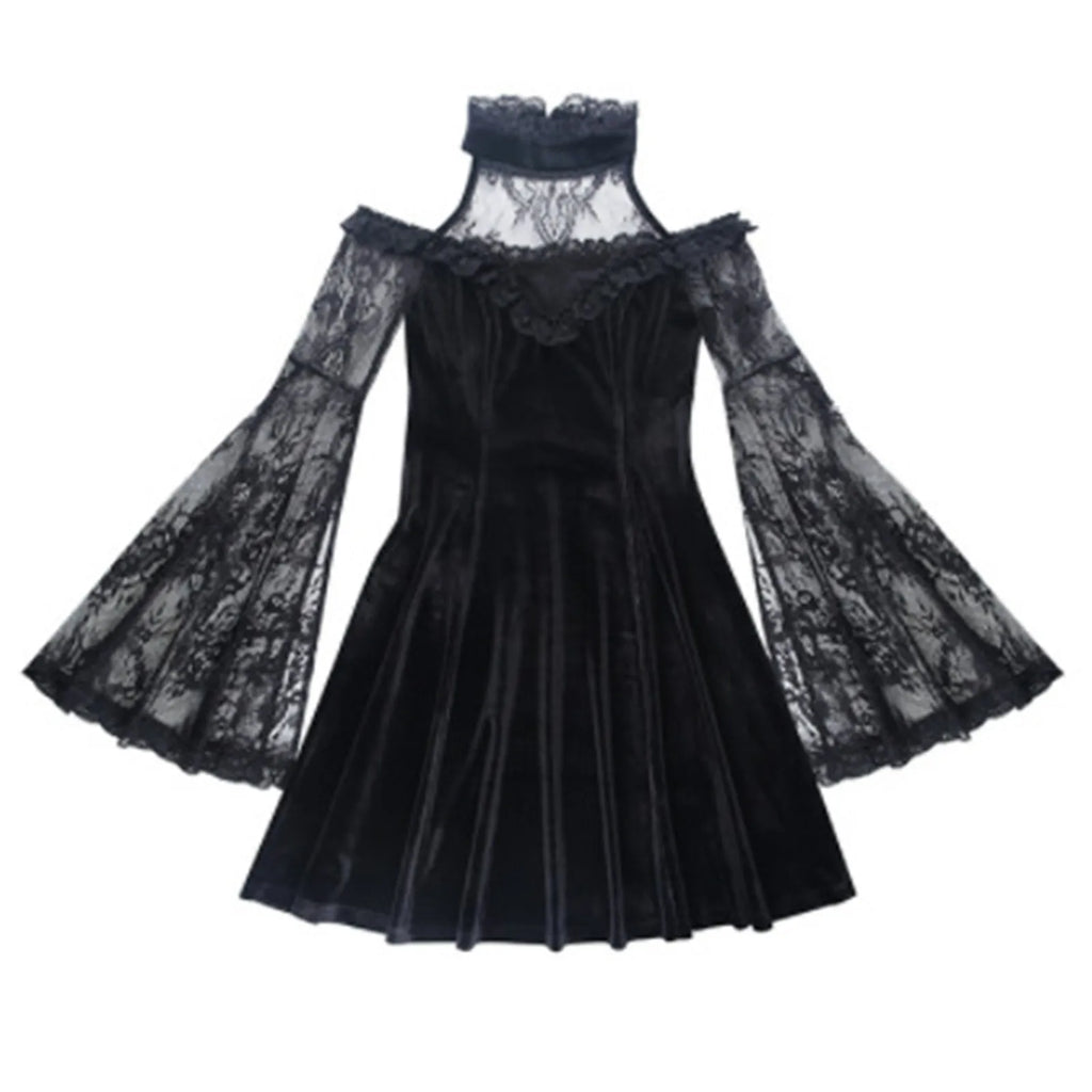 Velvet Lace Panel Halter Neck Cold Shoulder Bell Sleeve Mini Dress