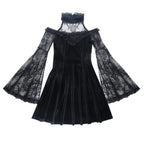 Velvet Lace Panel Halter Neck Cold Shoulder Bell Sleeve Mini Dress