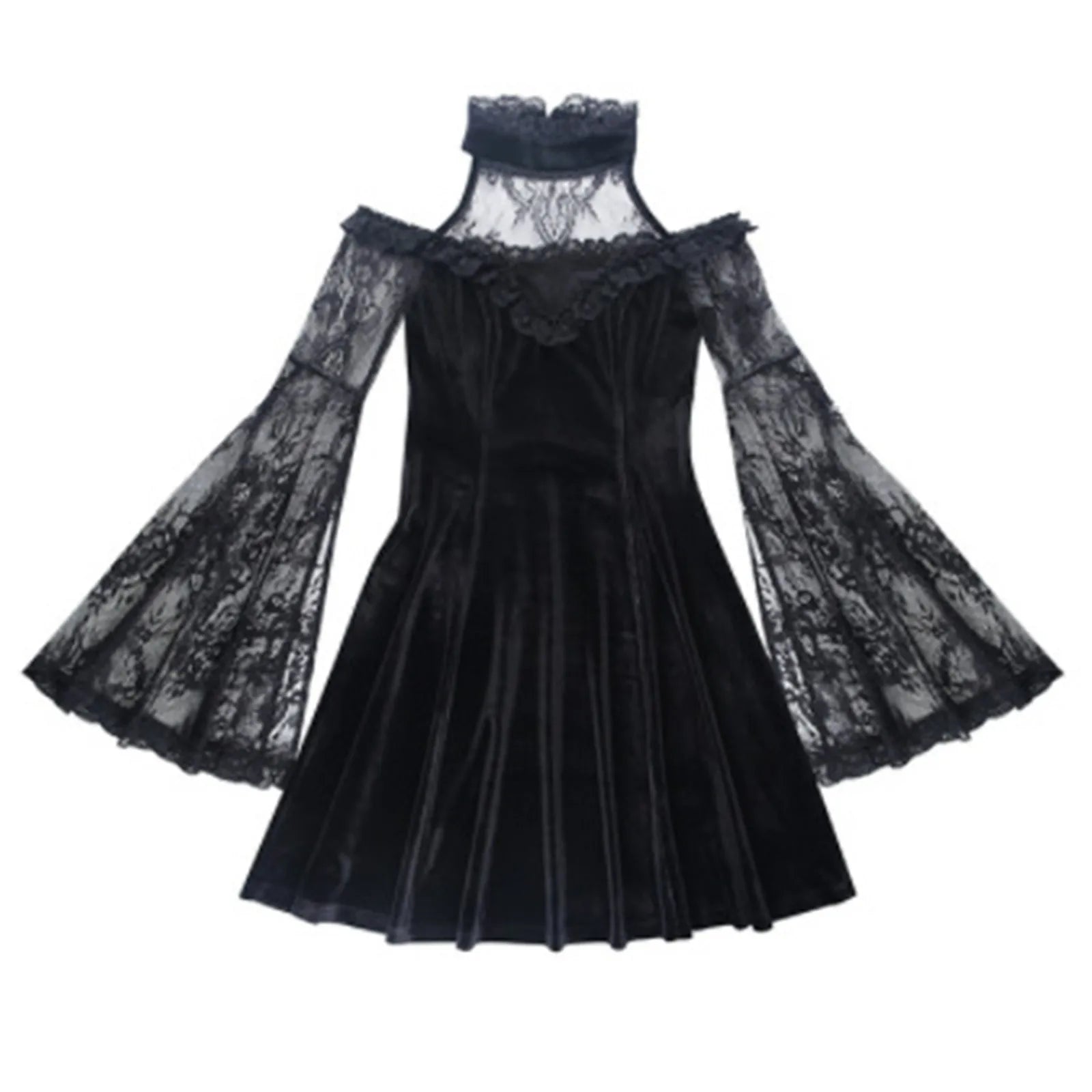Velvet Lace Panel Halter Neck Cold Shoulder Bell Sleeve Mini Dress