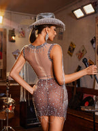 Mirror Mosaic Rhinestone Chain Fringe Bodycon Mini Dress