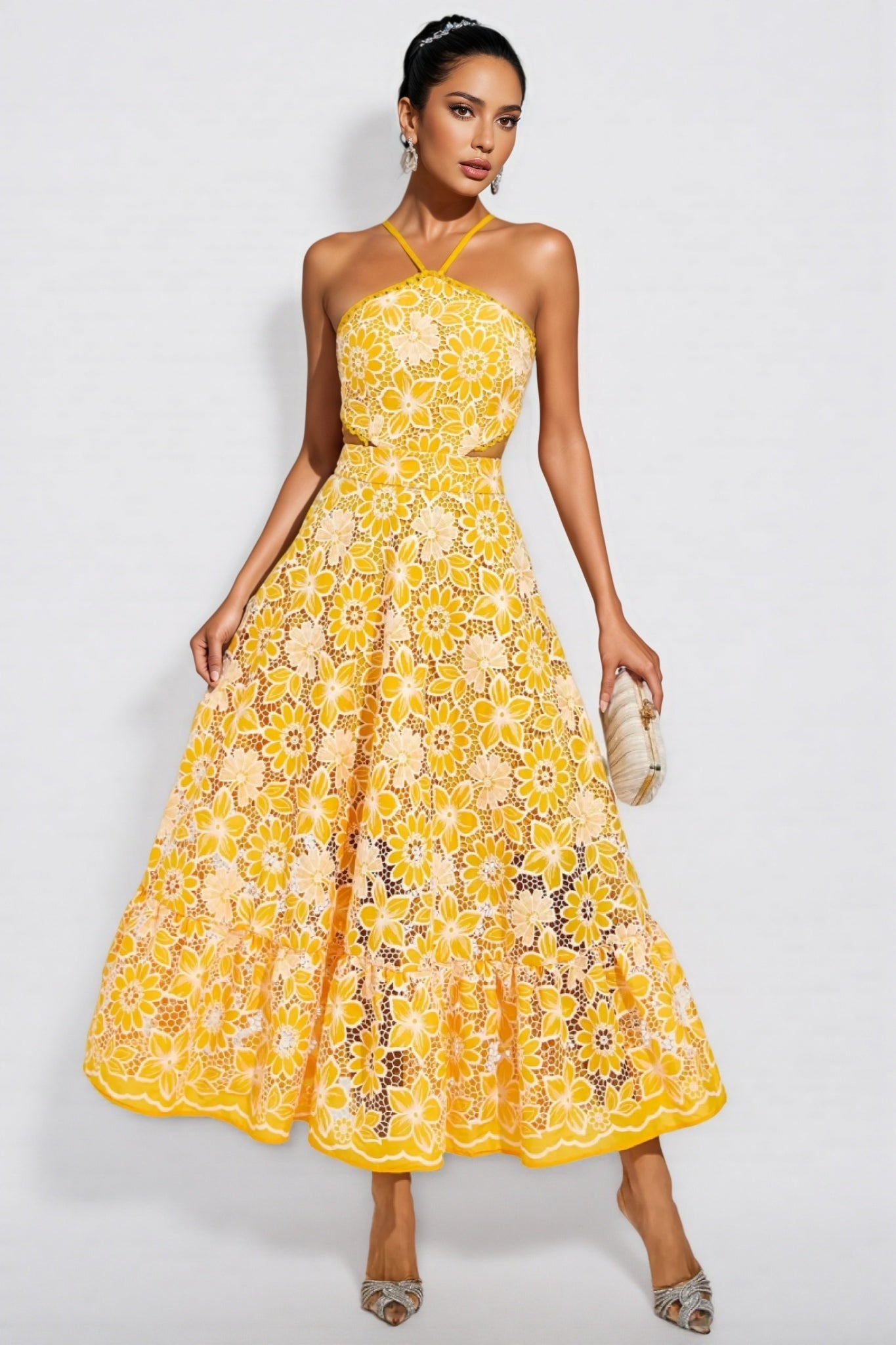 Delphine Yellow Cut Out Halter Maxi Dress