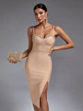 Rhinestone Trim Sweetheart Spaghetti Strap Corset Bodice Side Slit Midi Dress