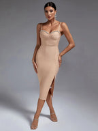 Rhinestone Trim Sweetheart Spaghetti Strap Corset Bodice Side Slit Midi Dress