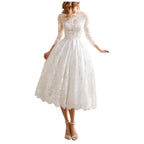 Bateau Neck Long Sleeve Floral Lace Scalloped Hem Fit and Flare Midi Dress