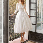 Floral Lace Boat Neck Three-Quarter Sleeve Scalloped Hem Tea-Length Dress