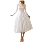 Bateau Neck Long Sleeve Floral Lace Scalloped Hem Fit and Flare Midi Dress