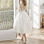 Bateau Neck Long Sleeve Floral Lace Scalloped Hem Fit and Flare Midi Dress