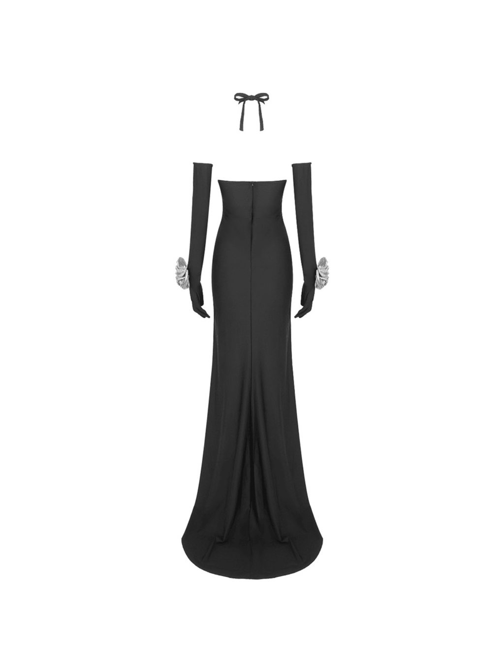 Satin Halter Neck Keyhole 3D Rosette High Split Maxi Dress and Opera Gloves Set