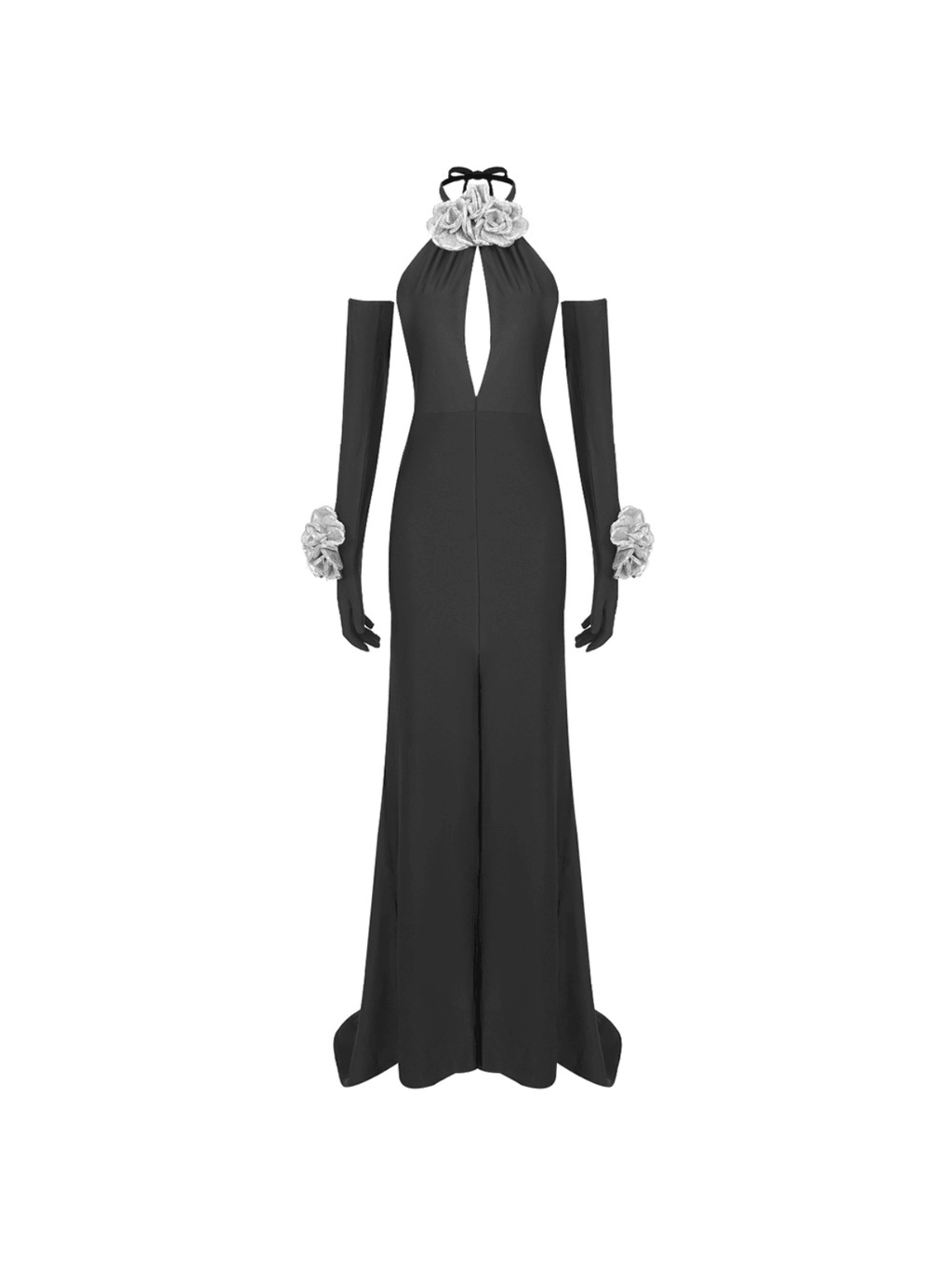 Satin Halter Neck Keyhole 3D Rosette High Split Maxi Dress and Opera Gloves Set