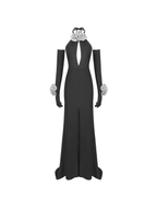 Satin Halter Neck Keyhole 3D Rosette High Split Maxi Dress and Opera Gloves Set
