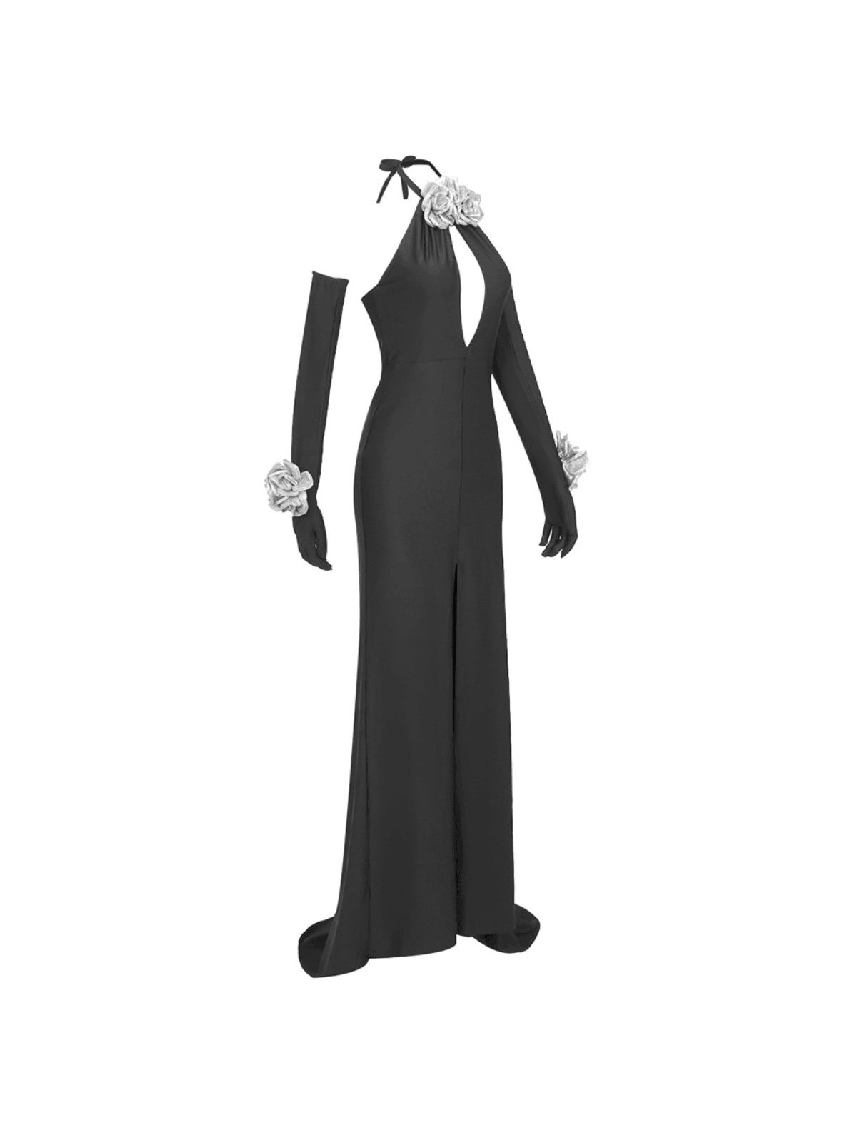 Satin Halter Neck Keyhole 3D Rosette High Split Maxi Dress and Opera Gloves Set