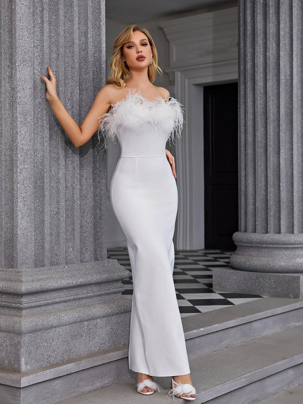 Mina Strapless Feather Trimmed Bandage Dress In White