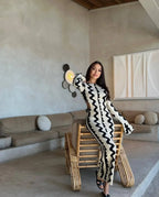 Wave Stripe Knit Bell Sleeve Crew Neck Bodycon Maxi Dress