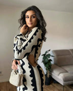 Wave Stripe Knit Bell Sleeve Crew Neck Bodycon Maxi Dress