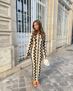 Wave Stripe Knit Bell Sleeve Crew Neck Bodycon Maxi Dress