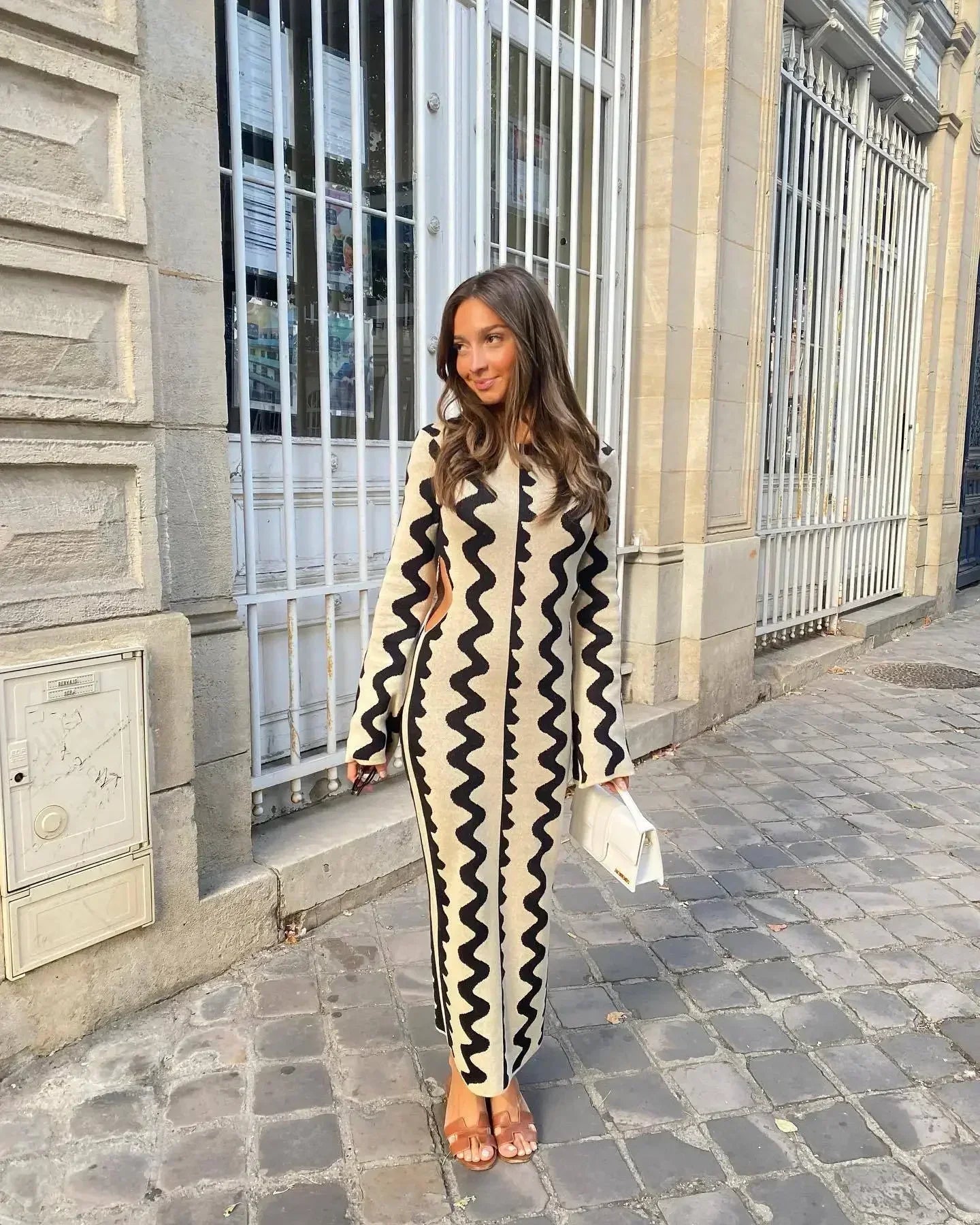 Wave Stripe Knit Bell Sleeve Crew Neck Bodycon Maxi Dress